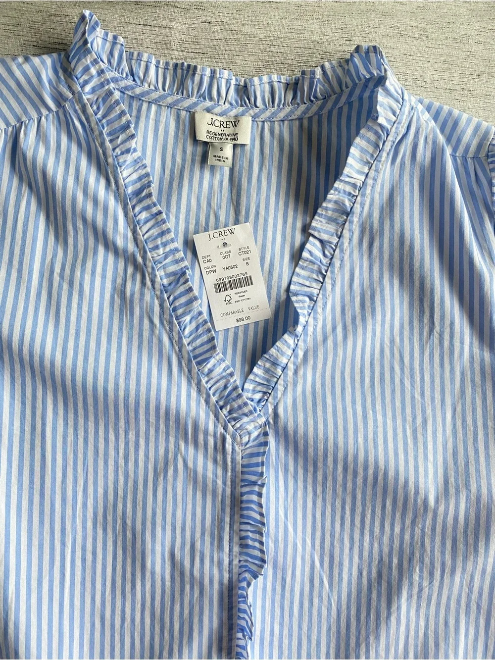 J. Crew Blue and White Striped Ruffle V-Neck Puff Sleeve Blouse